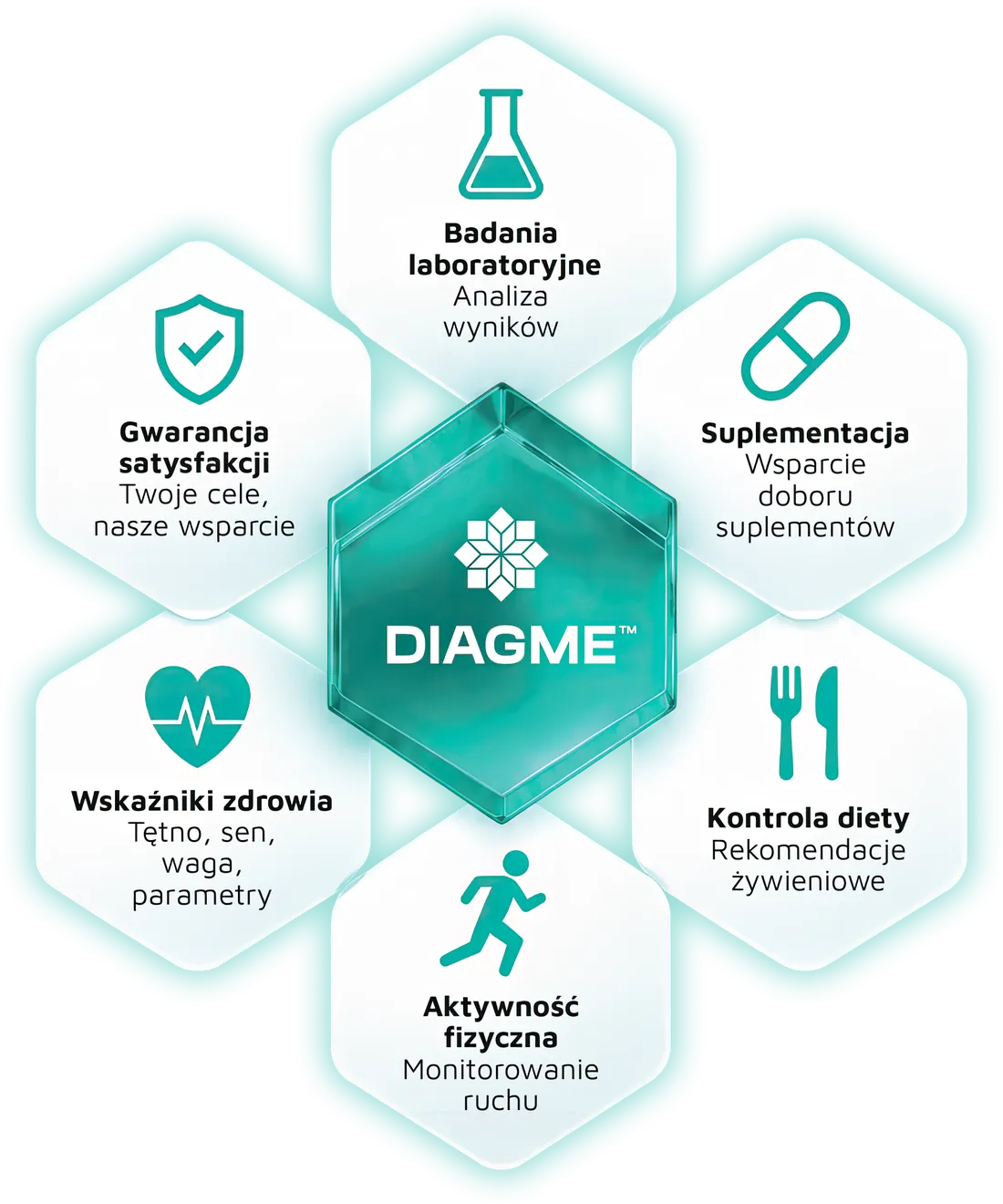 DIAGME w centrum sześciu obszarów: badania laboratoryjne z analizą wyników, suplementacja, kontrola diety, aktywność fizyczna, wskaźniki zdrowia i gwarancja satysfakcji.